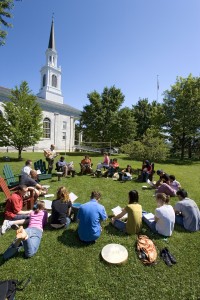 Instructor and students, on the lawn between Mead Chapel and Hepburn Hall. 