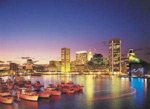 The Baltimore Skyline and Inner Harbor at Night