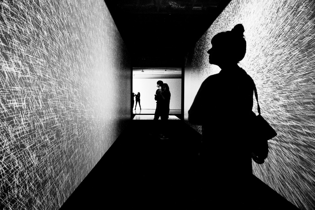 Photograph of silhouette of woman in front of projected data art project