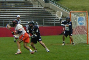 Eric Krieger defends the goal in the 2001 National Championship Game