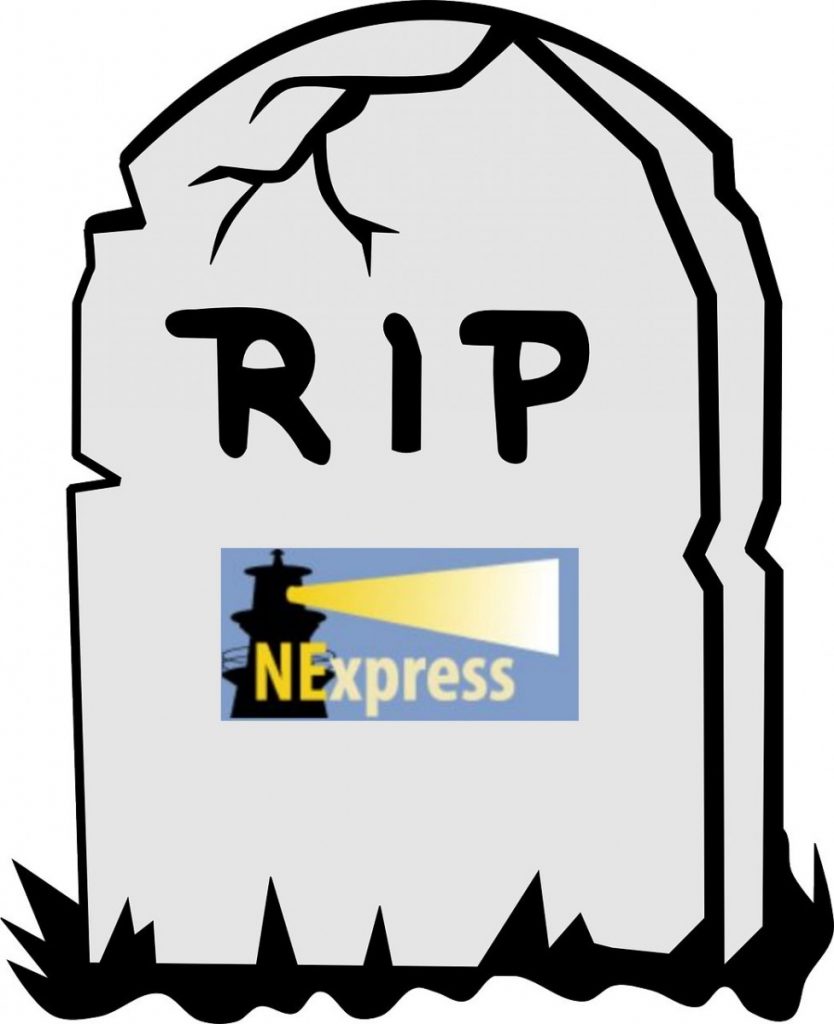 Cartoon tombstone with "RIP NExpress" written on it