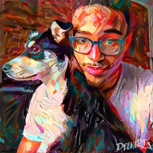 Photograph of Middlebury computer science professor Jason Grant and his dog, Winter, after deepart.io image processing