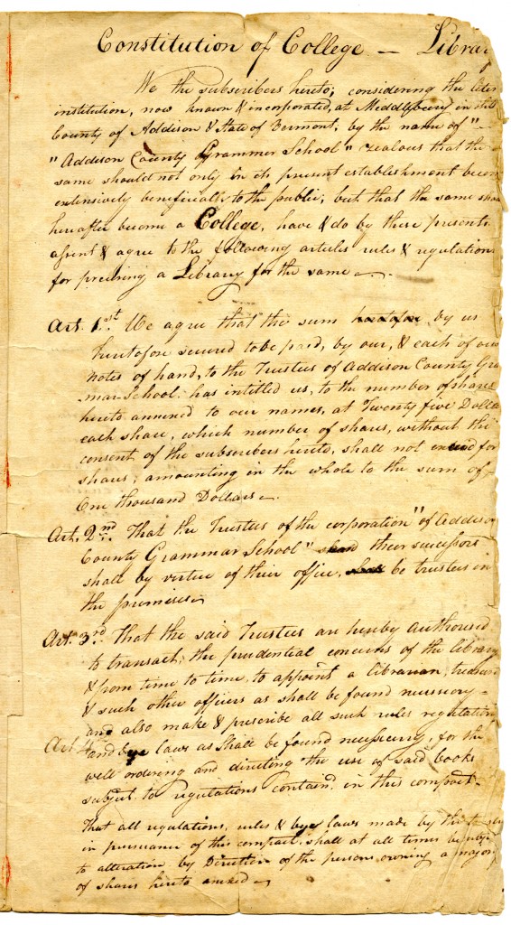 Middlebury College library constitution from April, 1800