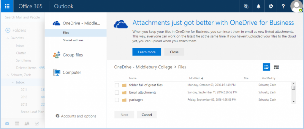Webmail will use OneDrive as the default location for attachments.