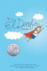 Cover art for Cece Bell's El Deafo which pictures a bunny in a superhero cape flying through the sky.