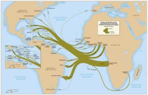 A map depicting the many departures from the African continent and arrivals to the "New World." The image is taken from David Eltis' Atlas of the Transatlantic Slave Trade, on display now in the Davis Family Library. See the circular information desk.