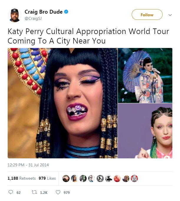 three images of Katy Perry dressed in intercultural garb