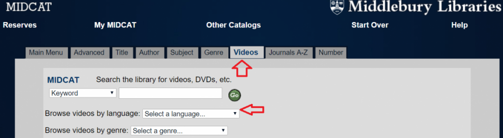 a screenshot from the go/midcat/ menu highlighting videos and languages with red arrows