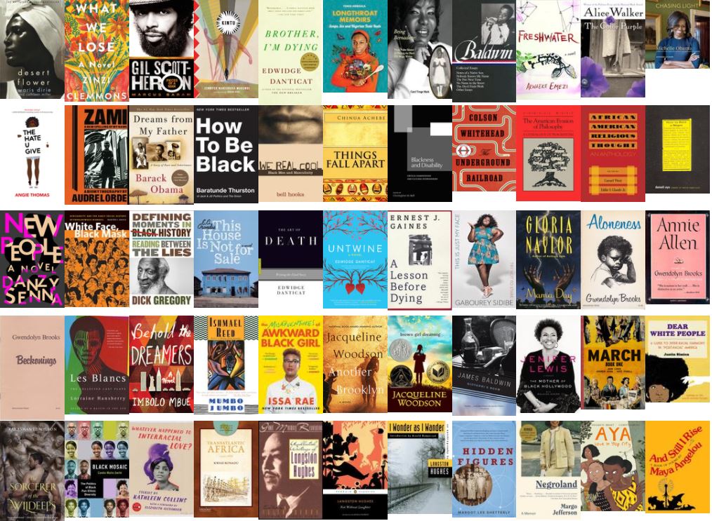 a collage of 55 artistic book covers from the Black History Month Display