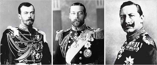 From left to right: Tsar Nicholas II, King George V of Britain, and Kaiser Wilhelm II of Germany