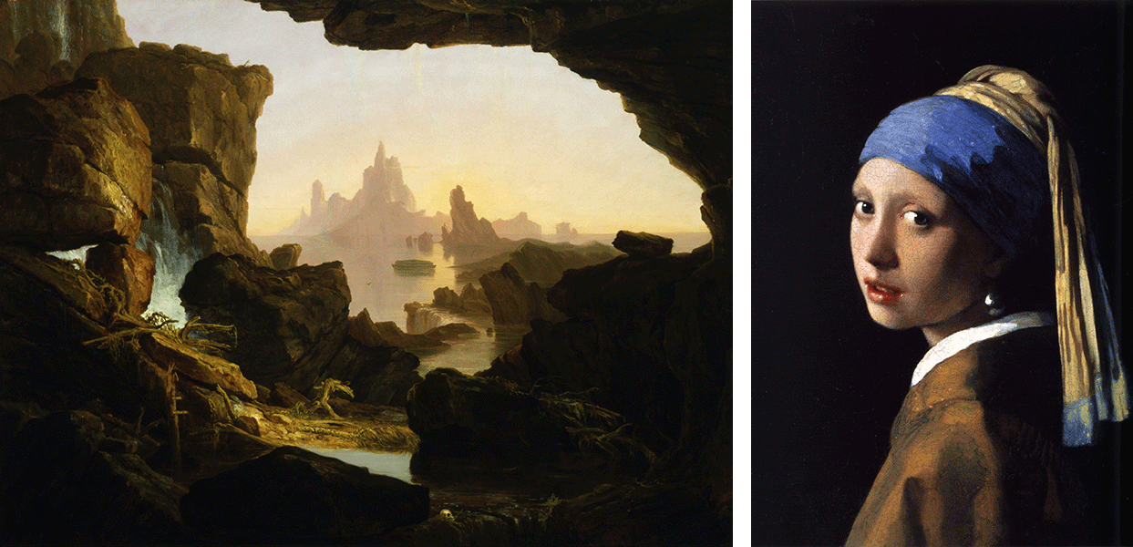 Left, Thomas Cole, The Subsiding of the Waters of the Deluge, Right, Johannes Vermeer, Girl with a Pearl Earring