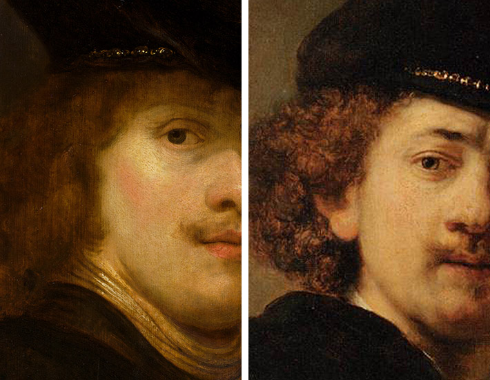 Flinck, Portrait of a Man, detail of face, Rembrandt, Self-Portrait in Cap, detail of face