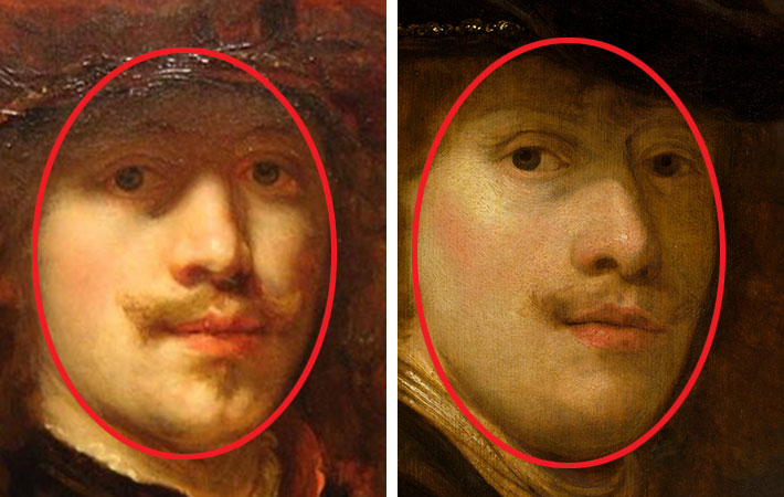 Flinck, Self-Portrait with Beret, detail of face, Flinck, Portrait of a Man, detail of face