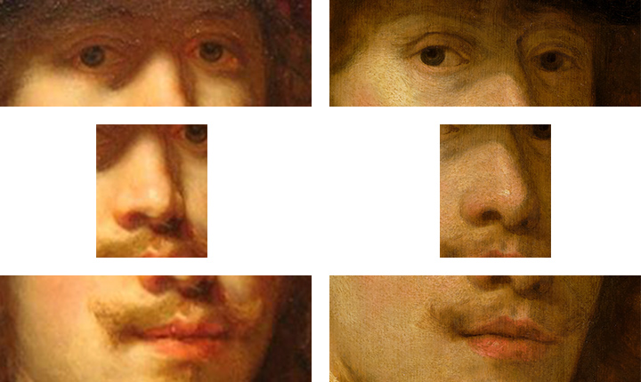 Flinck, Self-Portrait with Beret, details of eyes, nose, and mouth, Flinck, Portrait of a Man, details of eyes, nose, and mouth