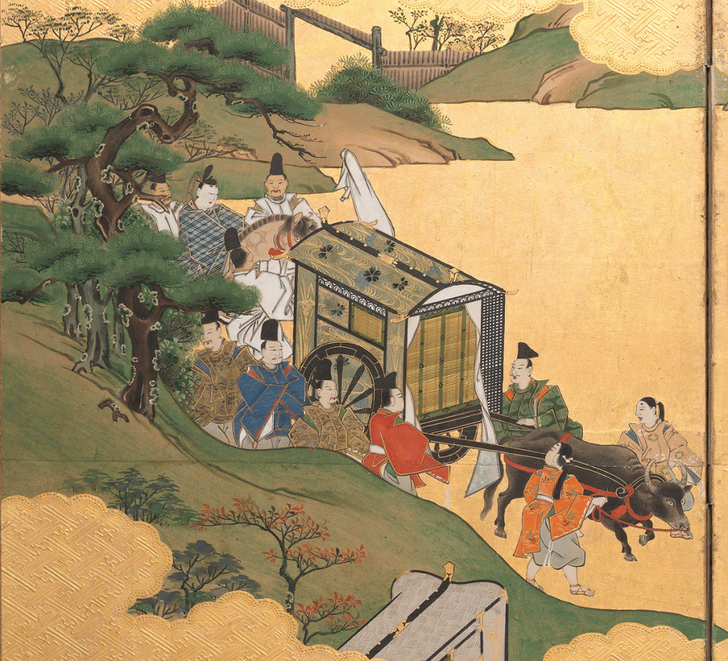 Detail of scene depicting “Channel Buoys” from Tale of Genji (Genji Monogatari), one of a pair of six-panel screens depicting twelve selected chapters from Genji Monogatari, Anonymous (Japanese), 18th century, ink, color, gofun, and gold leaf on paper, 43 in. x 109 in., Middlebury College Museum of Art, Purchase with funds provided by the Barbara P. and Robert P. ’64 Youngman Acquisition Fund for Asian Art, the Expendable Art Purchase Fund, and the Memorial Art Acquisition Fund (2014.058.1)