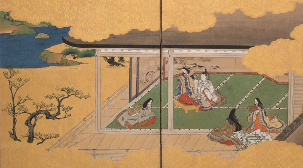 Detail of scene depicting “Paulownia Court” from Tale of Genji (Genji Monogatari), one of a pair of six-panel screens depicting twelve selected chapters from Genji Monogatari, Anonymous (Japanese), 18th century, Middlebury College Museum of Art, Purchase with funds provided by the Barbara P. and Robert P. ’64 Youngman Acquisition Fund for Asian Art, the Expendable Art Purchase Fund, and the Memorial Art Acquisition Fund (2014.058.1)