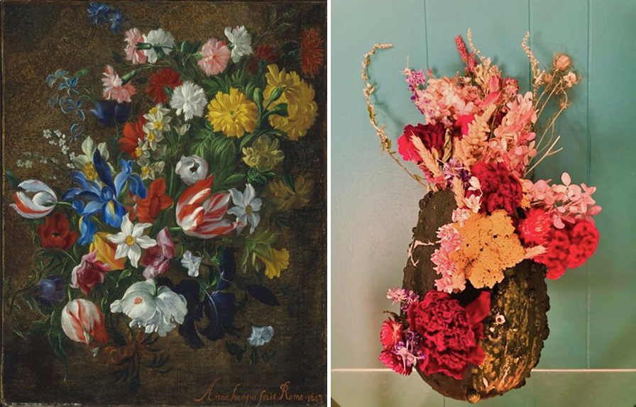 A side-by-side comparison of a still life of tulips, iris, hyacinths, and other flowers on the left, and a pumpkin with similar flowers arranged in it on the right