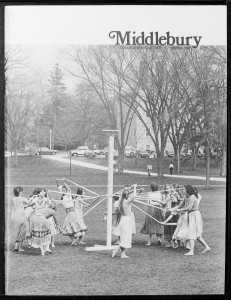 The Spring issue of the Middlebury newsletter in 1981. Those are elm trees lining Mead Chapel walkway behind the May pole (which Facilities still has stored somewhere!)