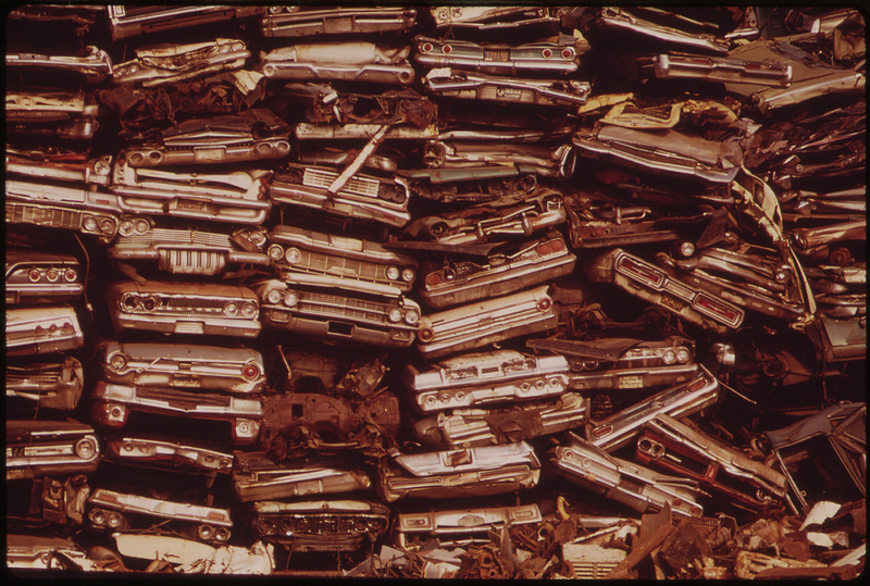 Stacked Cars In City Junkyard Will Be Used For Scrap, August 1973.