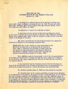 Notes from a 1948 Women's College Advisory Board meeting, recounting the inclusion of women on the Board of Trustees and the resolution to dissolve the Advisory Board