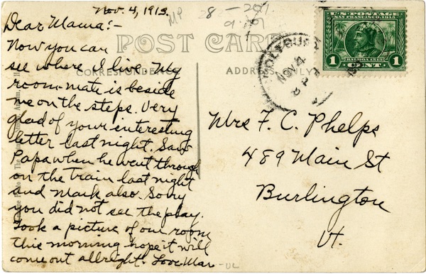 Postcard from Marjorie Phelps, class of 1917, to her mother. As she mentions, she and her roommate are pictured on the reverse. 