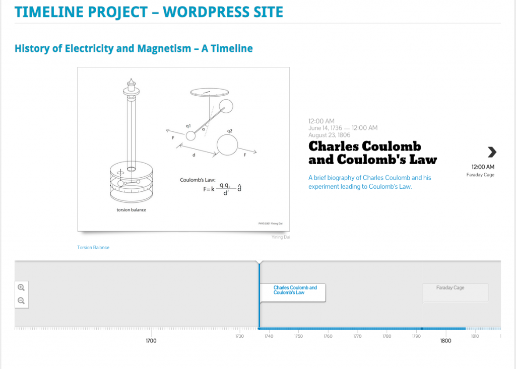 Front page of interactive timeline WordPress site.