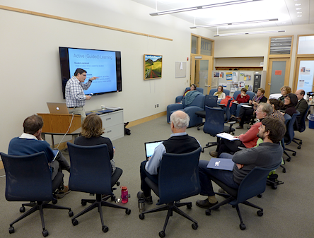 Glen Ernstrom, Assistant Professor of Biology and Neuroscience, leading a workshop on POGIL (Process Oriented Guided Inquiry Learning)