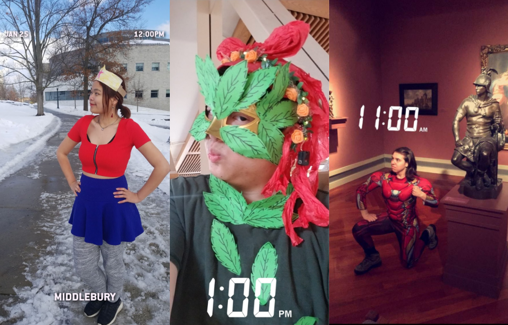 3 students cosplaying as superheroes, Wonderwoman outside the library, poison ivy in proctor dining hall, and Iron man in the museum
