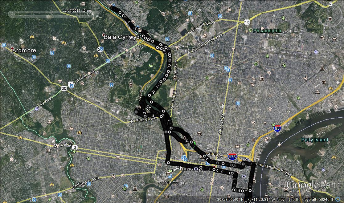 Philadelphia marathon route on Google Earth