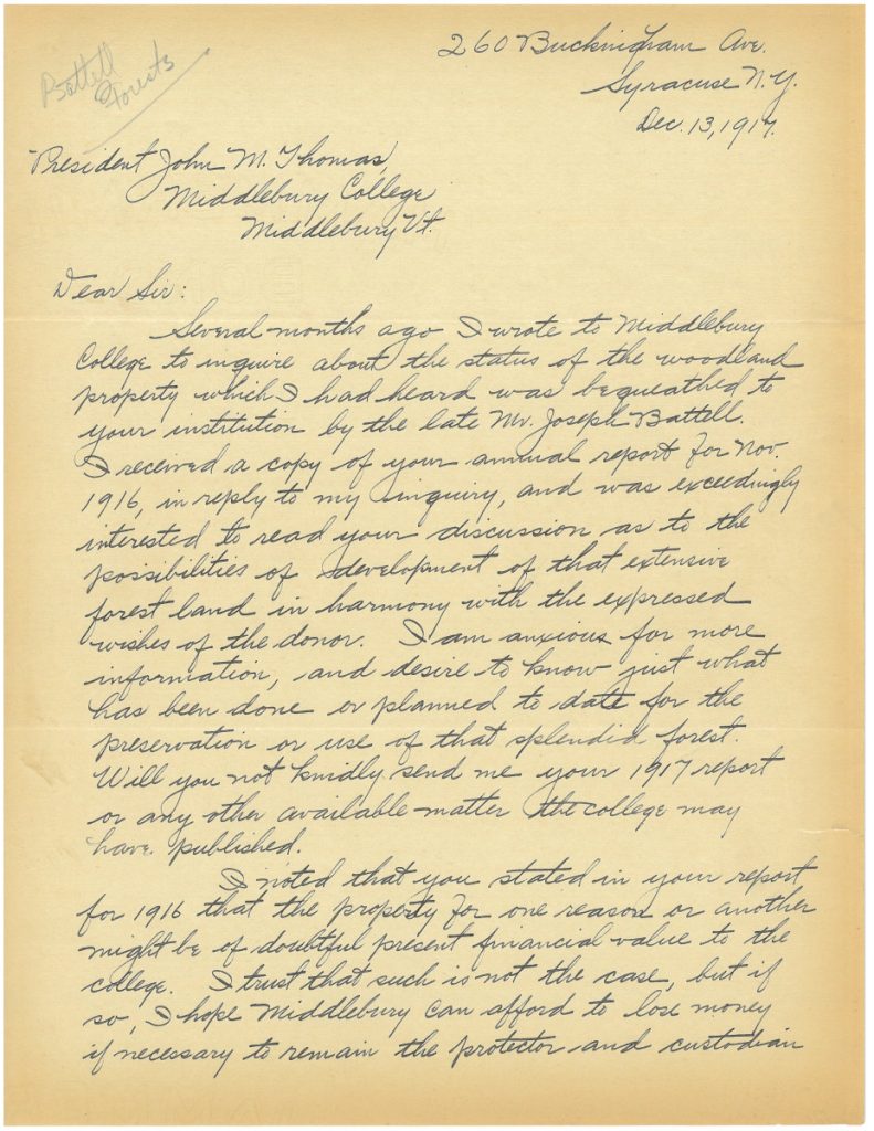Page 1 of letter from Alvin G. Whitney to Middlebury College President John Martin Thomas in 1917.