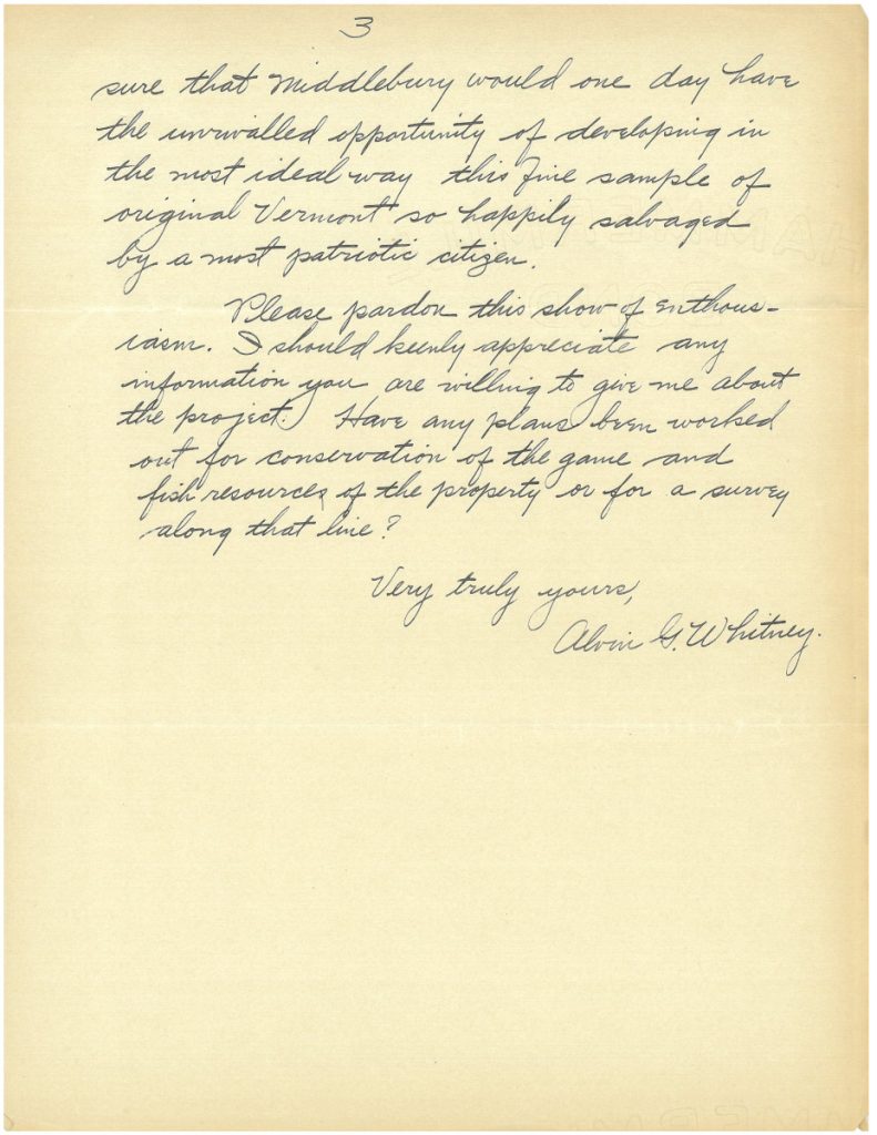 Page 3 of letter from Alvin G. Whitney to Middlebury College President John Martin Thomas in 1917.