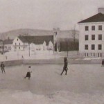 Photograph of men, women, and children skating on the Middlebury campus, circa 1923.