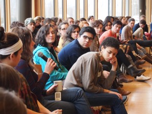 A student speaks during one of the large group activities.