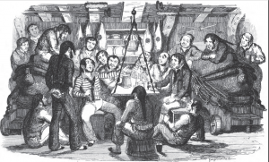 Photo from webpage "sea shanty" on Wikipedia. "Early 19th century Royal Navy sailors singing while off duty." Creative Commons Licensing.