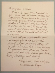 Letter to Jen & Eric from Ermelinda Paga. 