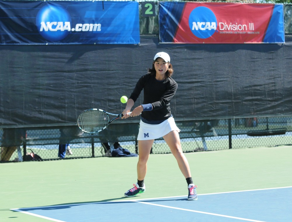 Action shot of Leung during her NCAA singles final in Kalamazoo, Michigan