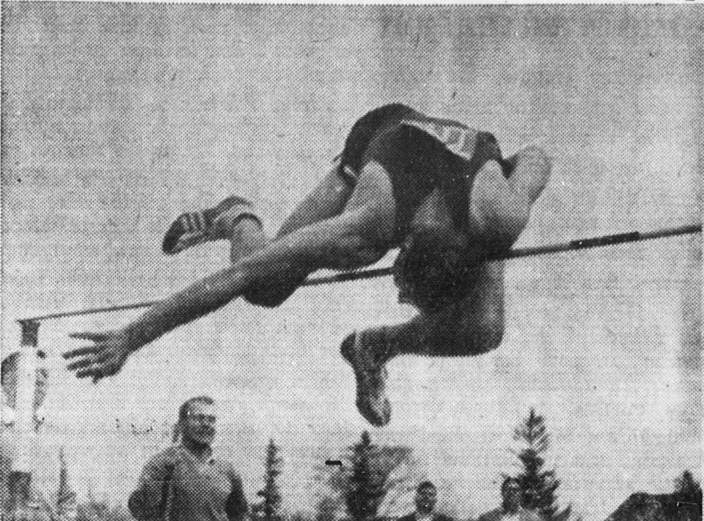 Hart preferred the individual nature of track and field events, where he specialized largely in jumping exercises, such as the high jump here.