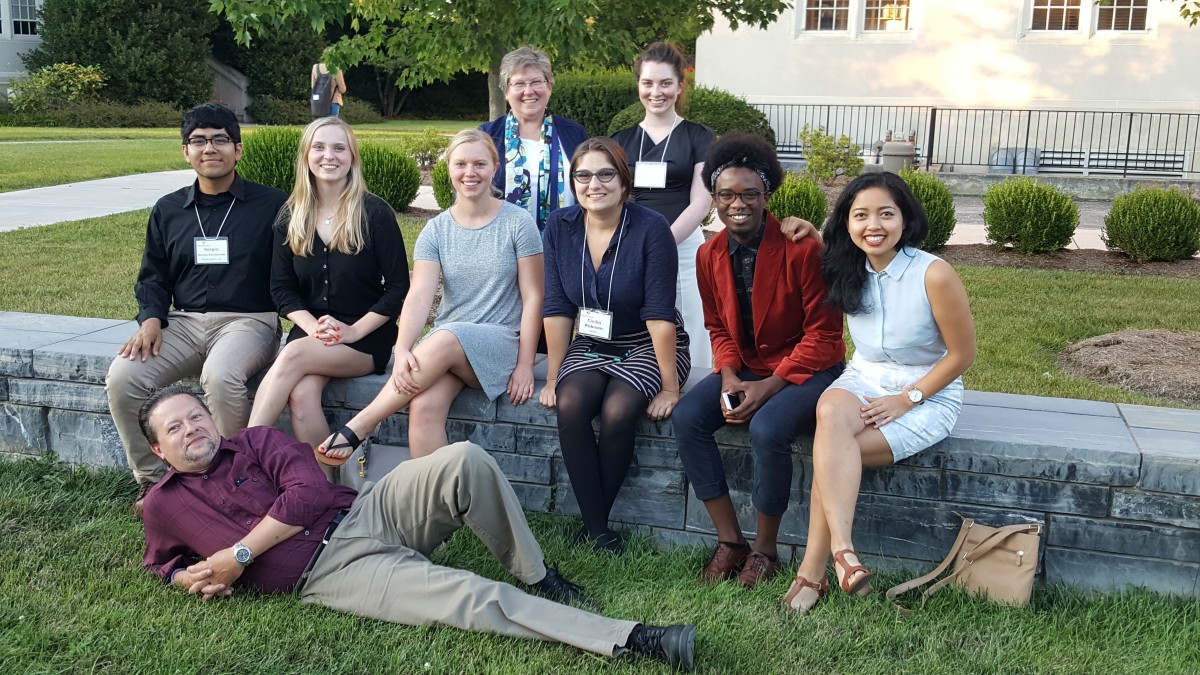 Middlebury's SHECP National Interns pose for a picture at the Frueauff Closing Conference with P&P Directors. From left: James Davis, Gia Ould, Caitlin Klemme, Tiffany Sargent, Cicilia Robison, Rachel Roseman, Caleb Green, and Amirah Fauzi. Not pictured: Elizabeth Zhou.
