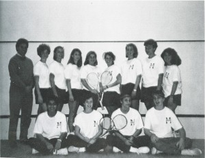 Women's squash team in 1988 with Coach David Saward. (Kaleidoscope, 1988, page 77)